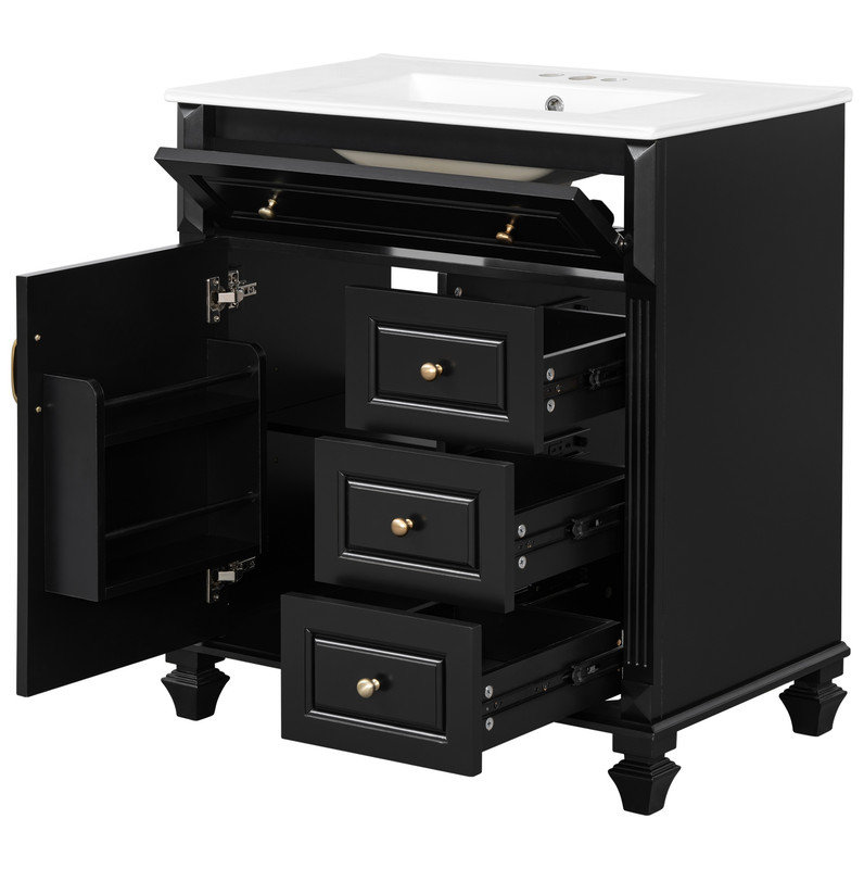 Meuble-lavabo autoportant noir de 30 pouces avec comptoir en céramique, fabrication en bois massif et panneau de fibres à densité moyenne, tiroir rabattable, 3 tiroirs de rangement et armoire de rangement fermée pour les solutions de rangement de salle de bain