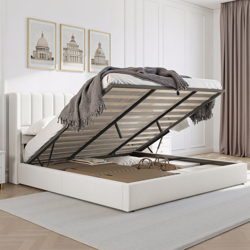 Lift Up Storage Bed Frame / Vertical Channel Tufted Headboard, White, King