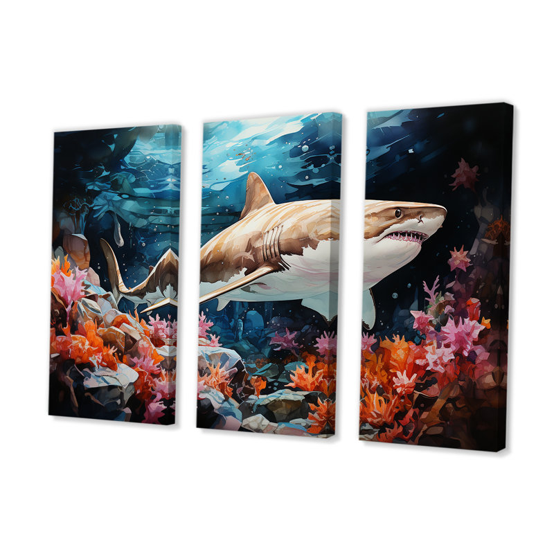 «Silent Hunter Sharks Portrait» - ensemble d'art mural corail sous l'eau, H 40 po x l 60 po x P 1 po