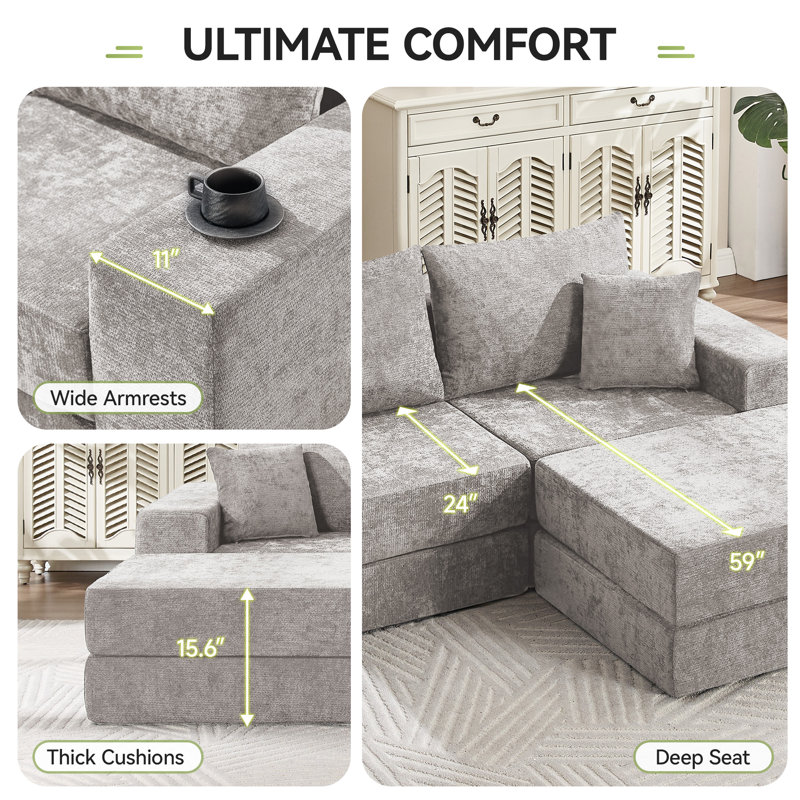 Canapé-lit modulaire reconfigurable Boneless, Chenille gris pâle