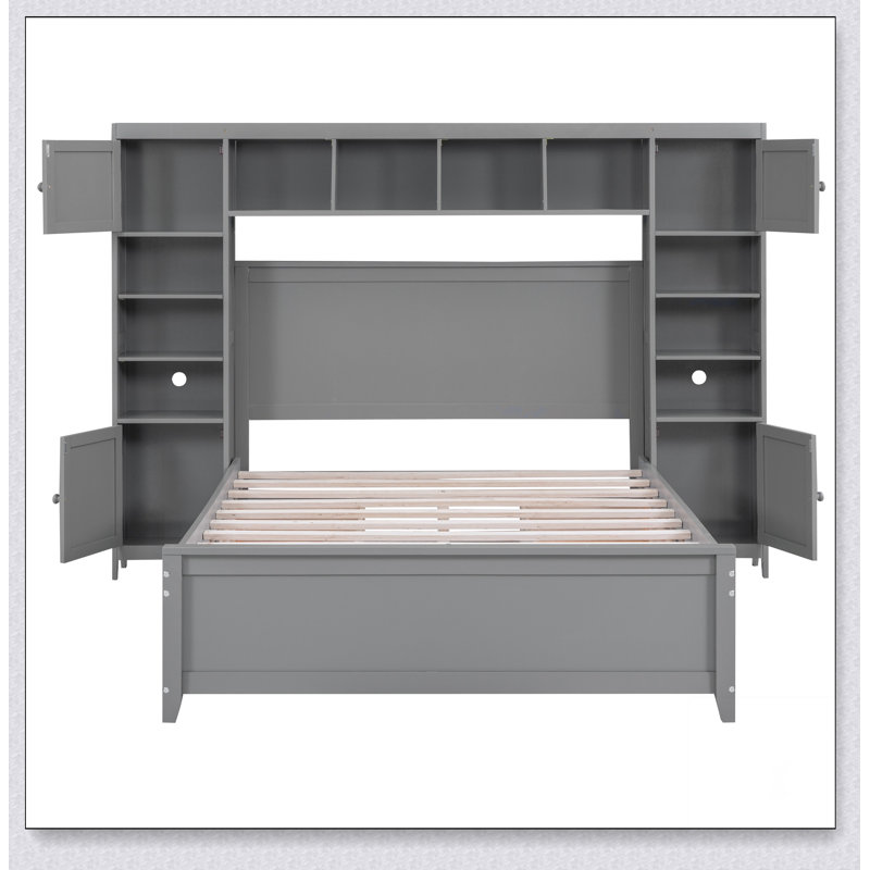 Wooden Bed With All-In-One Cabinet And Shelf, Gray