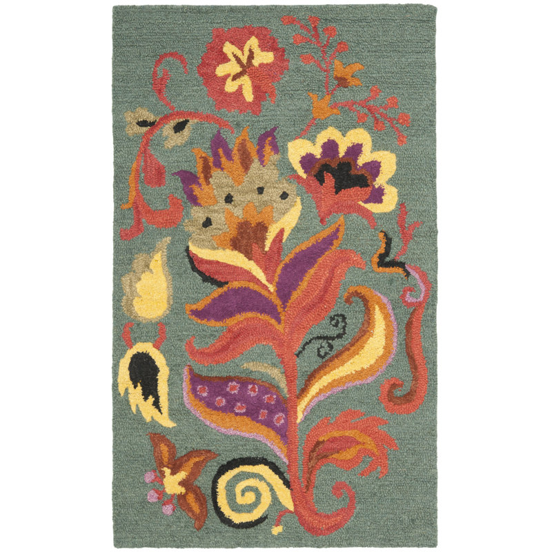Jahiem Hand-Hooked Wool Dark Green Teal Area Rug, Rectangle 3' x 5'