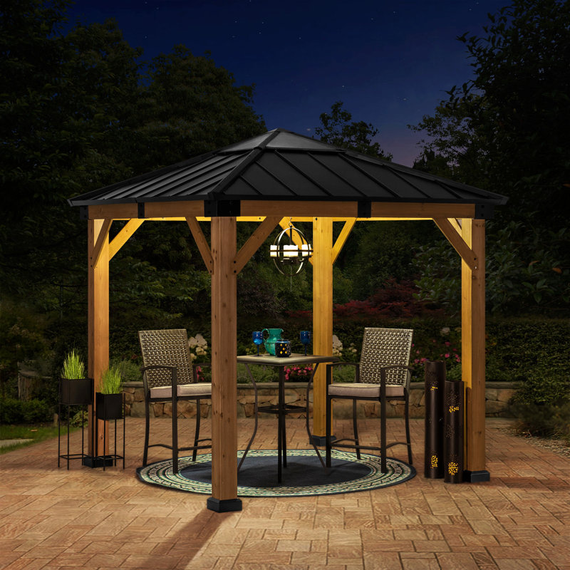 Sunjoy 2.7m x 2.7m Outdoor Cedar Wooden Gazebo - Anthracite Steel Frame, Powder Coated, Perfect for Garden Retreat