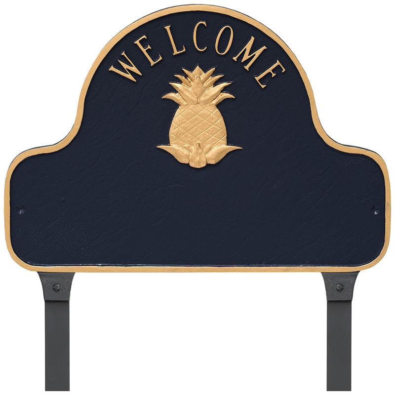 Pineapple Welcome Arch Address Sign Plaque with Lawn Stakes, White/Gold, Yes
