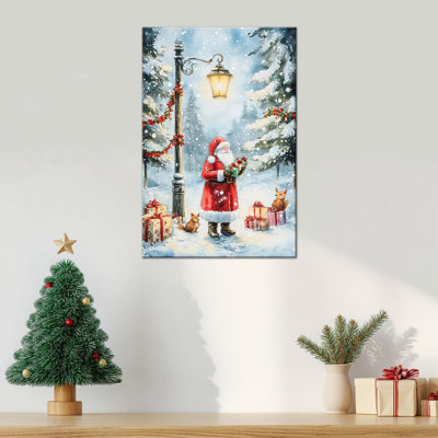 Grand Abiella - Père Noël, peinture d'hiver, impressions d'arbre de Noël, affiche d'art sur toile, œuvre d'art des Fêtes pour le salon, chambre à coucher, décoration murale de ferme, 24 po x 36 po