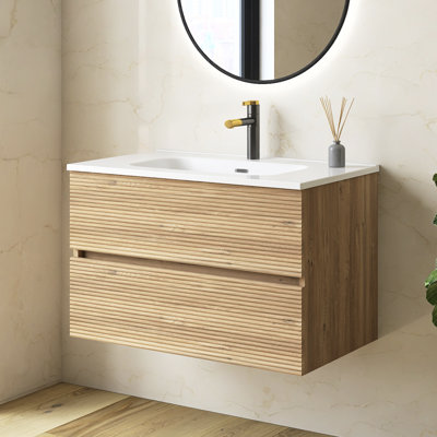 30" Oak & Walnut Floating Bathroom Vanity, Integrated Ceramic Sink with Overflow & 3 Faucet Holes, Spacious Storage for Modern Bathrooms