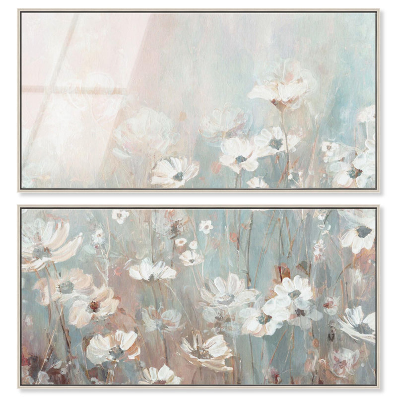 Blooming Field - Ira Colmeva, grand ensemble de 2 impressions sur verre encadrées par Art Remedy, cadre argenté, 46 x 23
