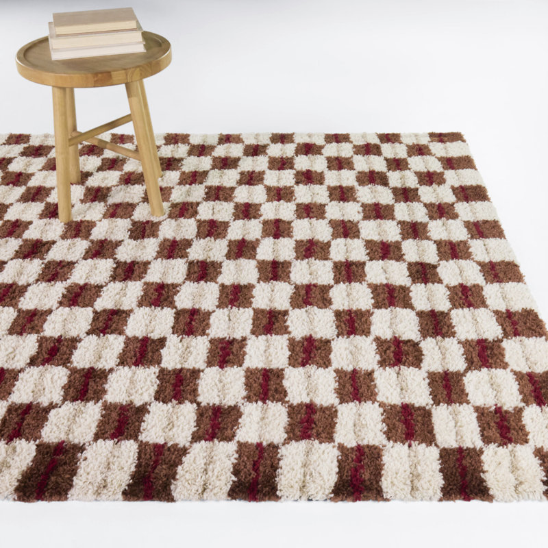 Uribe Rust Modern Checkered Shag Area Rug, Rectangle 5'3" x 7'