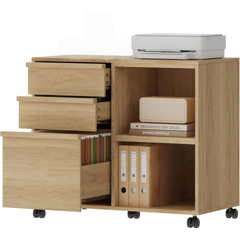 3 Drawer File Cabinet with Open Storage Shelves, Rolling Lateral Filing Cabinet for Letter/A4 Files, Mobile Printer Stand with Wheels, Wood Office Storage Cabinet for Home Office