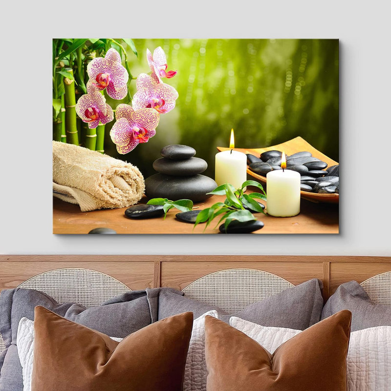 «Meditation Yoga Massage Stones», fleurs d'orchidées roses, nature sauvage sur toile, H 12 po x l 18 po x P 1,5 po