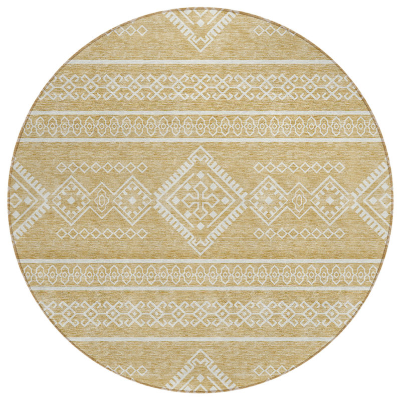 Tapis rond lavable intérieur et extérieur 8 pi doré et ivoire Southwestern
