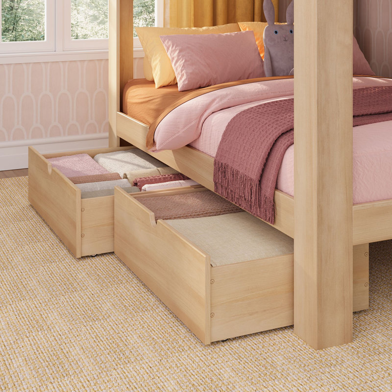 Mid-Century Modern Full Over Full Bunk Bed with Storage Drawers, Blonde/White