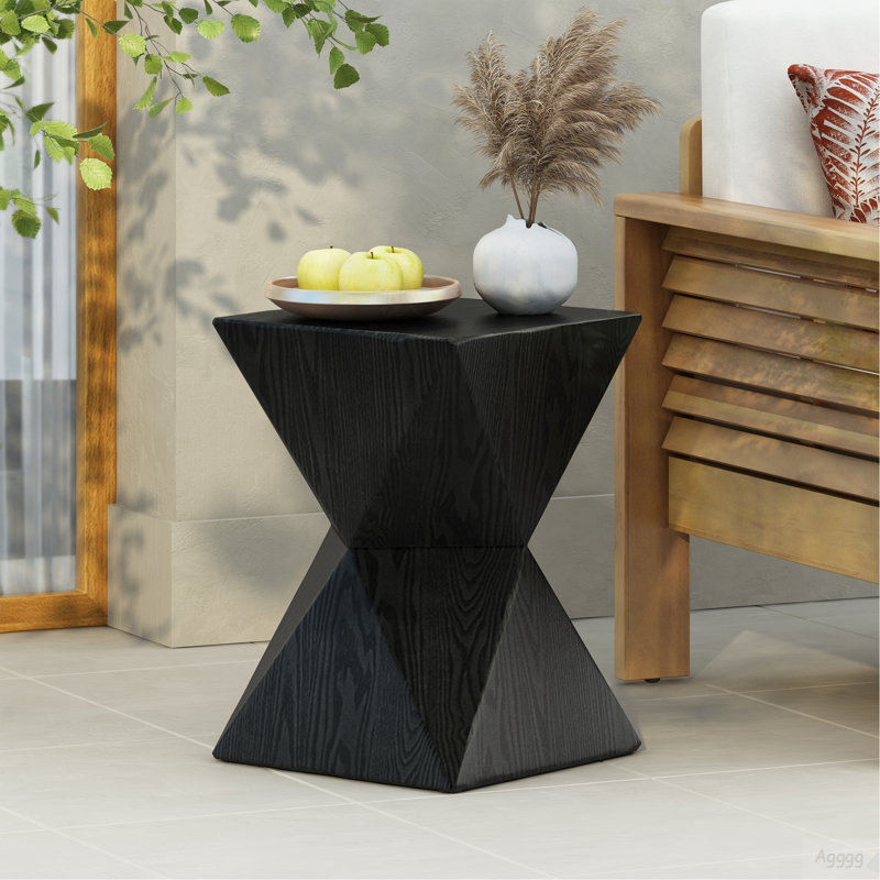 14.25" Black Prismatic Symmetry Concrete Side Table With Smooth Wood Grain Texture And Modern Prismatic Shape – Weather-Resistant Accent For Patio, Garden, Or Balcony