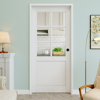 32" x 80" 6-Lite Clear Glass Interior Prehung Door with Round Knob and Black Hinges, Clear Glass Door Slab, Paintable & Waterproof, Suit for Laundry, Closet Doors, Room Doors, Left Hand