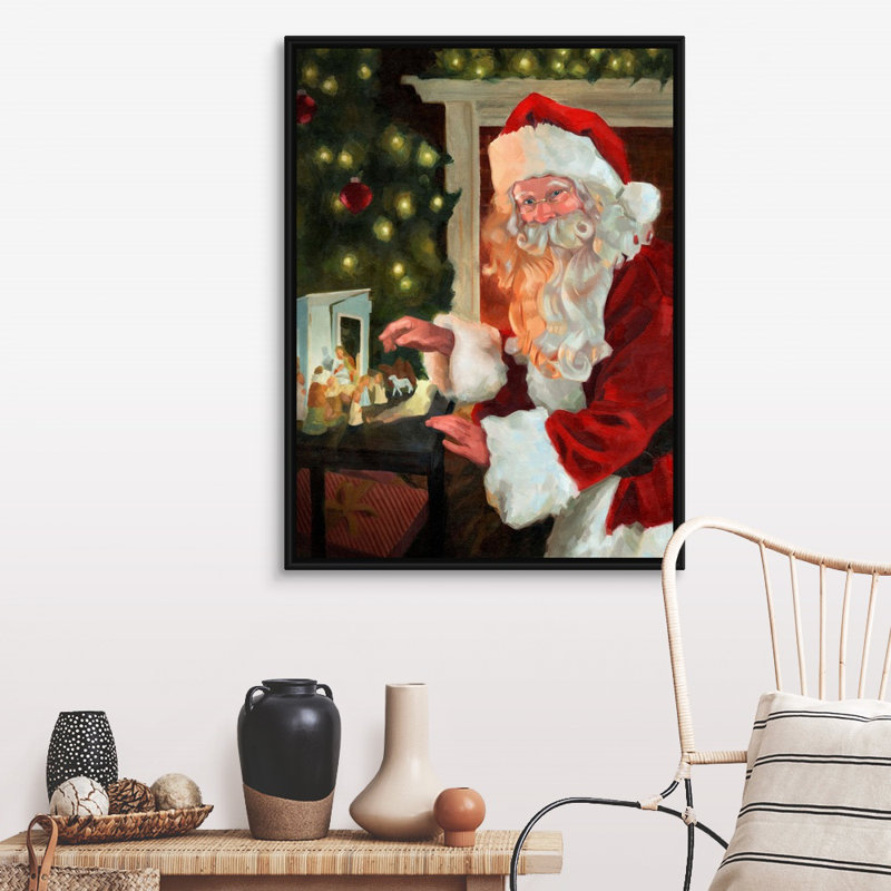 Saint-Nick et la Nativité par Jacob Green - reproduction d'art sur toile, Cadre noir, 26" H x 20" W x 1.75" D