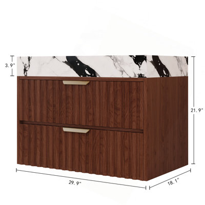 30" Modern Floating Bathroom Vanity with Seamless Sintered Stone Top & Ceramic Basin – 2 Soft-Close Drawers, Wall-Mounted