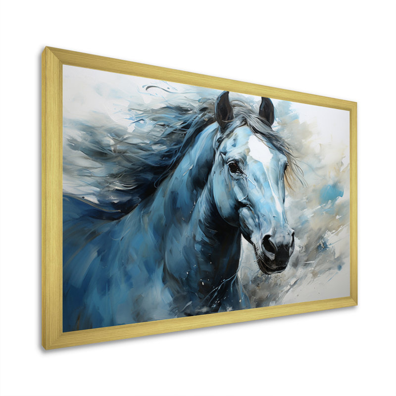 «Blue Horse Vibrant Blue Equine I», art mural grand cheval, H 24 po x l 32 po x P 1 po, Cadre doré simple