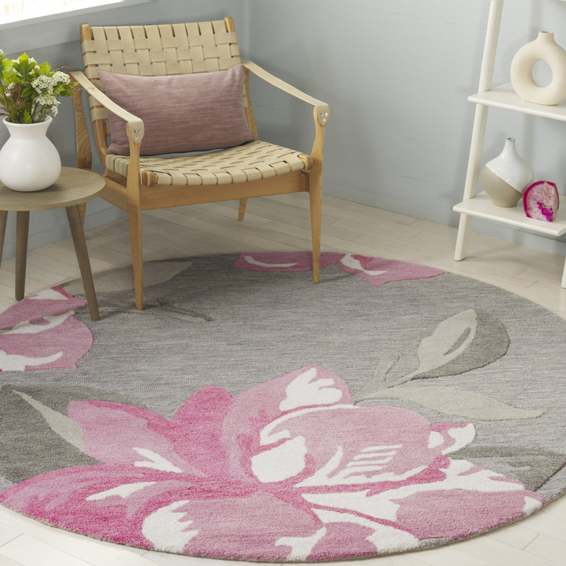 Tapis floral gris / rose en laine / coton touffeté à la main Jardin 403, Rond 6 pi
