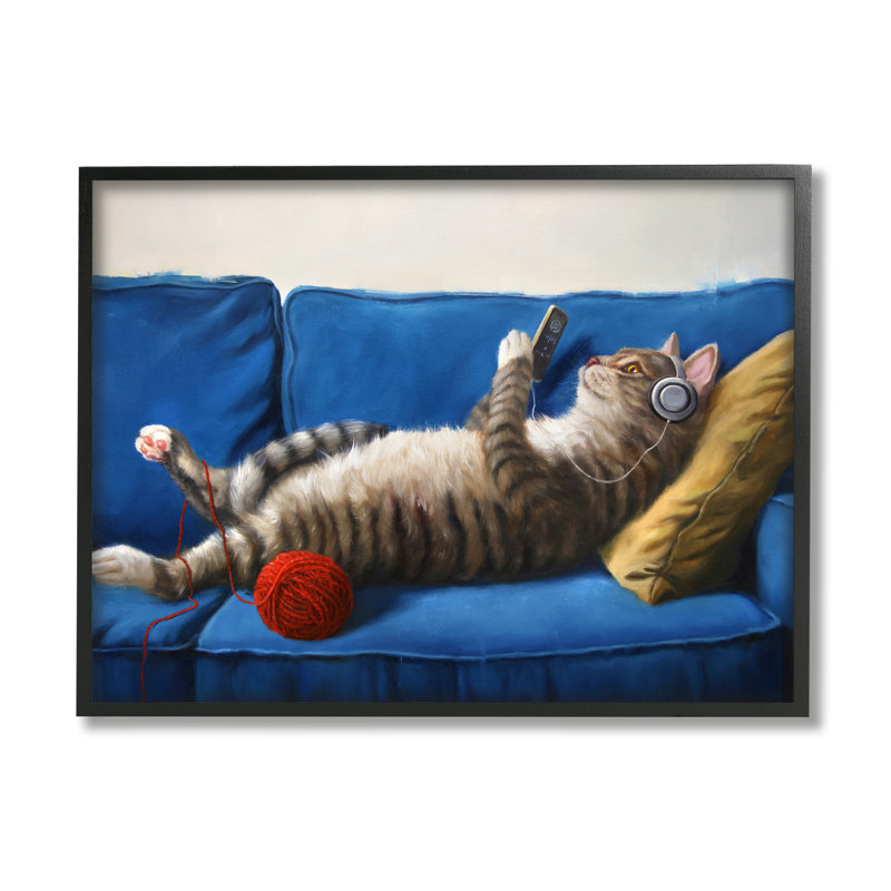 «Cat Couch Cat Relaxing Red Yarn Ball Pet» par Lucia Hefferenan - Peinture, H 11 po x l 14 po x P 1,5 po