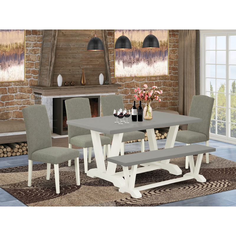 6-Piece Mid Century Table Set Contains a Cement Dining Table and Wooden Bench and 4 Dark Shitake Linen Fabric Kitchen Chairs with High Back - Wire Brushed Linen White