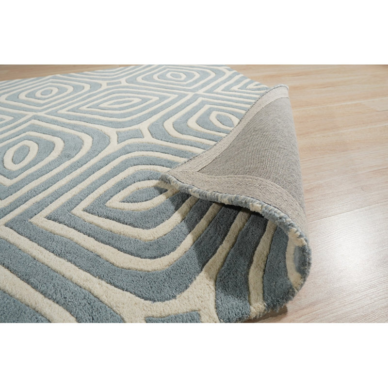 Tapis bleu contemporain en laine touffeté à la main Rhea, Rectangulaire 8 pi x 10 pi