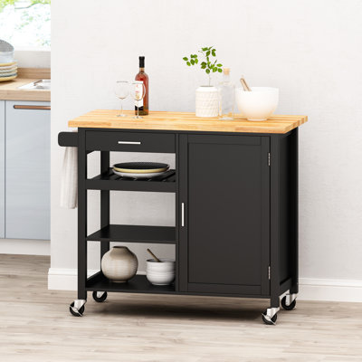 Modern Kitchen Cart with 1 Drawer, 3 Open Shelves, 1 Cabinet with 2 Shelves and a Towel Holder