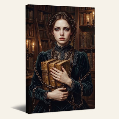Art sur toile, "Femme enveloppée dans des chaînes tenant de vieux livres en Halloween"