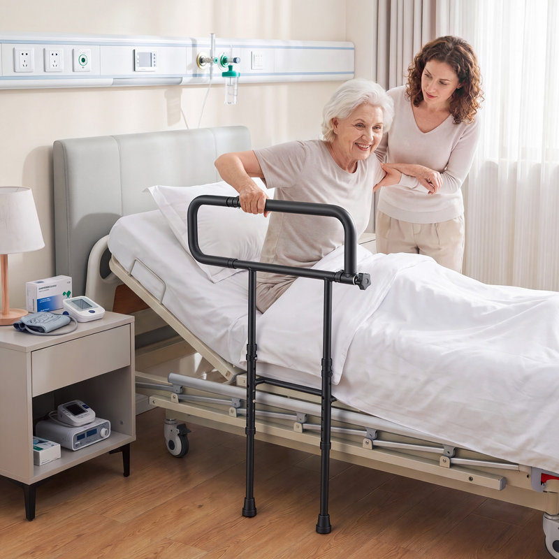 Barrières de lit pour personnes âgées Barrière latérale de lit pliable avec support au sol, réglable en hauteur et en hauteur, canne de chevet en acier à haute résistance, compatible avec un grand lit double grand lit, capacité forte de 300 lb
