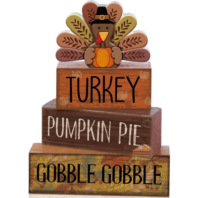 4 Pcs Thanksgiving Turkey Decor Wooden Fall Table Decorations | Rustic Block Signs with Turkey Pumpkin Pie Gobble Text, Autumn Harvest Table Centerpie