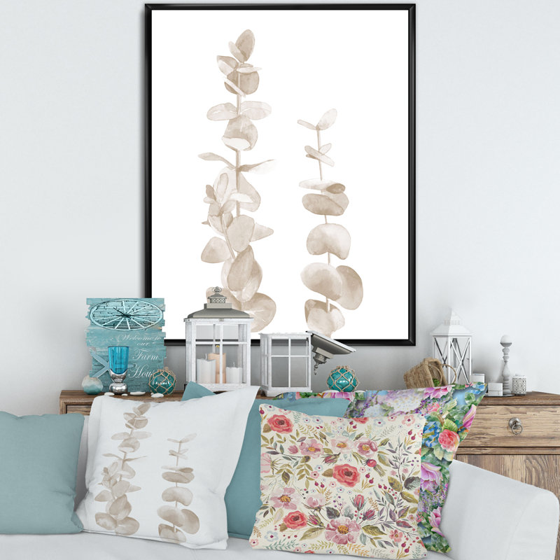 Branches d'eucalyptus beige sur fond blanc - reproduction de cadre flottant sur toile, H 32 po x l 24 po x P 1 po, Cadre noir
