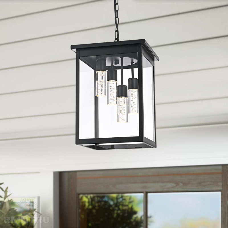 LED Black Outdoor Pendant Light 4-Light Large Outside Pendant Porch Lights Ceiling Haninging Outdoor Chandelier With Clear Glass Exterior Light Fixtures Lantern For Front Door Foyer Doorway