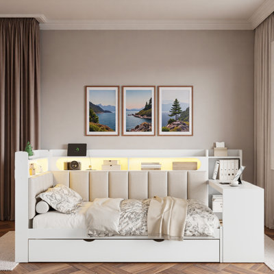 Upholstered Daybed With Storage Shelves, Trundle, Charging Station, Led Light And Desk
