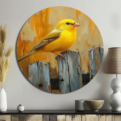 Johnnessa - oiseau rond, décoration murale moderne en métal jaune