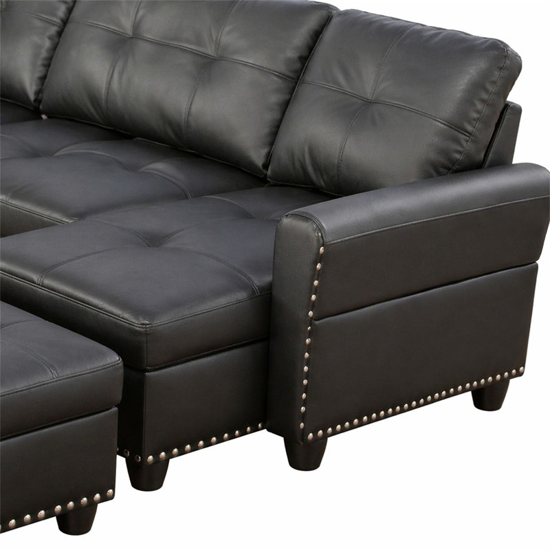 Canapé modulaire en similicuir avec repose-pieds, Noir
