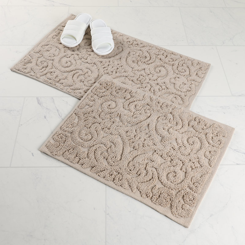 Venere Elegant Floral Scroll Textured Machine Washable 2 Piece Bathroom Rug Set, Beige, MEDIUM- 2 Piece Set
