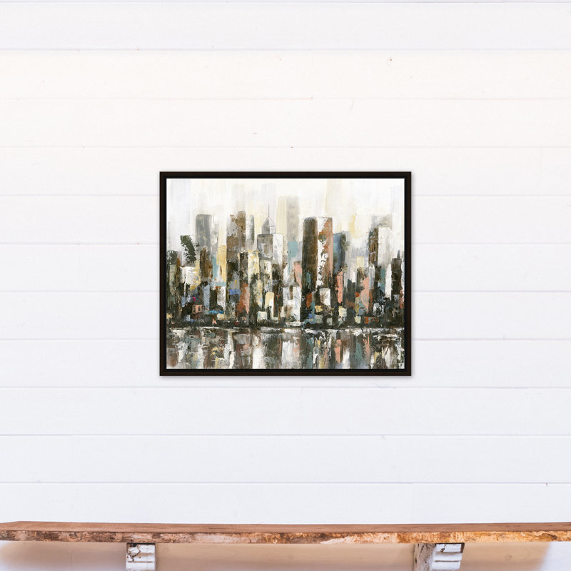 Paysage urbain réfléchissant - Peinture, H 25,75 po x l 31,75 po x P 1,75 po, Toile brune avec cadre flottant