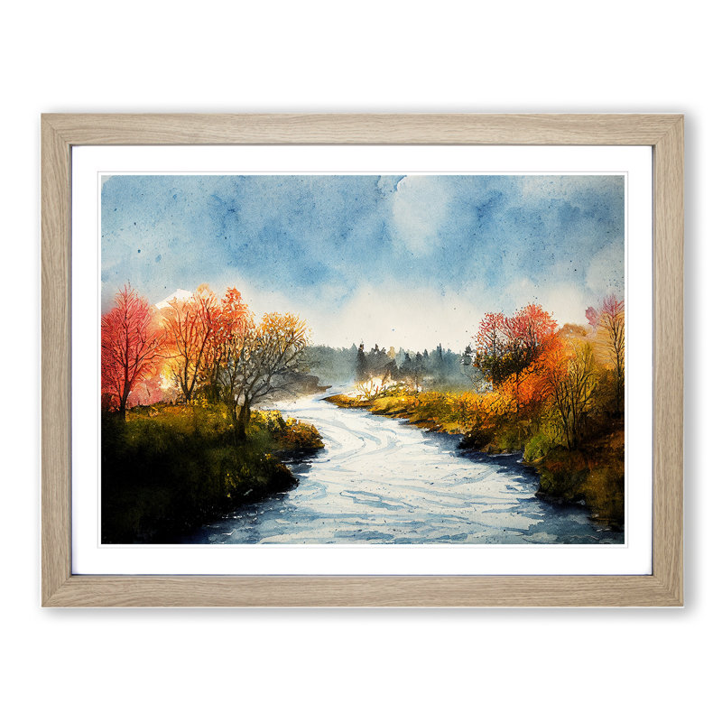 An Autumn Forest River - Single Picture Frame Painting, Oak, 46cm H x 64cm W x 2cm D