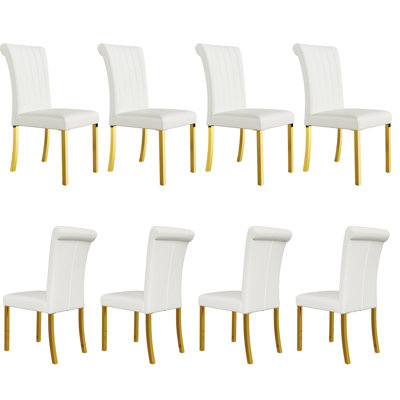 White Leather Dining Chairs With Mirrored Gold Legs Set Of 8 by Rosdorf Park