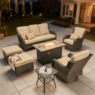 5 - Person Wicker Outdoor Conversation Set, Patio Sofa & Swivel Chair Set with Fire Pit and Cushions