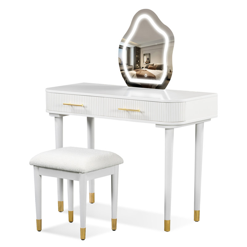 Ensemble de coiffeuse 40 "moderne avec miroir à écran tactile lumineux, coiffeuse et tabouret rembourré avec 2 grands tiroirs, blanc