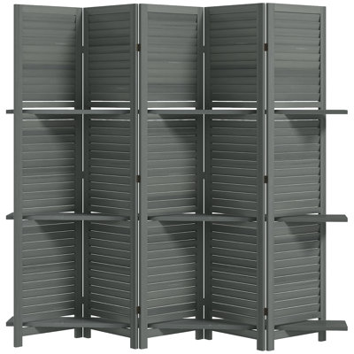 Paravent de chambre en bois gris, 5 panneaux de 170 cm de hauteur, avec 3 étagères et rangement pliable, 3 panneaux, 3 étagères et un espace de rangement pliable.