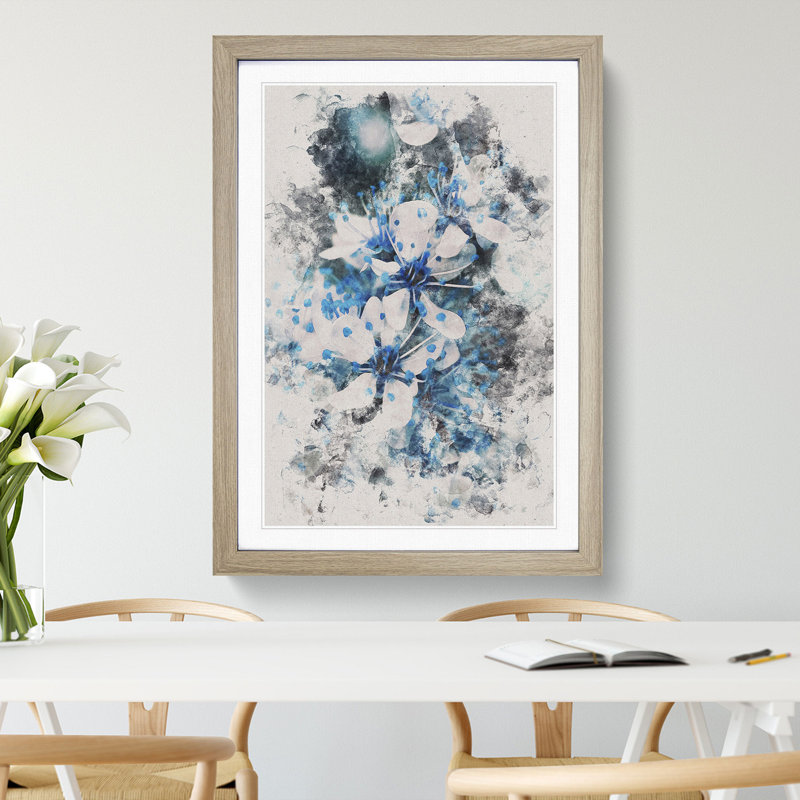 Blue Cherry Tree Flowers - Picture Frame Graphic Art, Oak, 36cm H x 27cm W x 2cm D