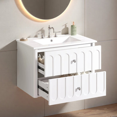 30" Wall Mounted Floating Single Bathroom Vanity with Ceramic Top and 2 Drawers