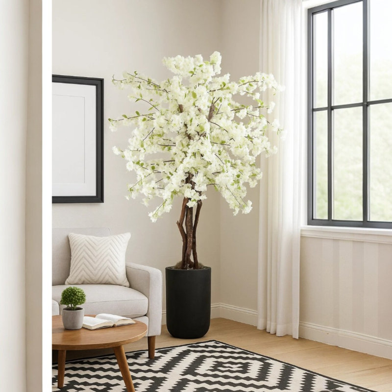 Faux Cherry Blossom Tree Plant in Fiberstone, Black