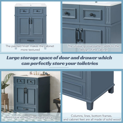 Meuble-lavabo de 61 cm avec lavabo en céramique, armoire de rangement de salle de bain avec structure en bois massif et portes à fermeture douce, style rétro, bleu