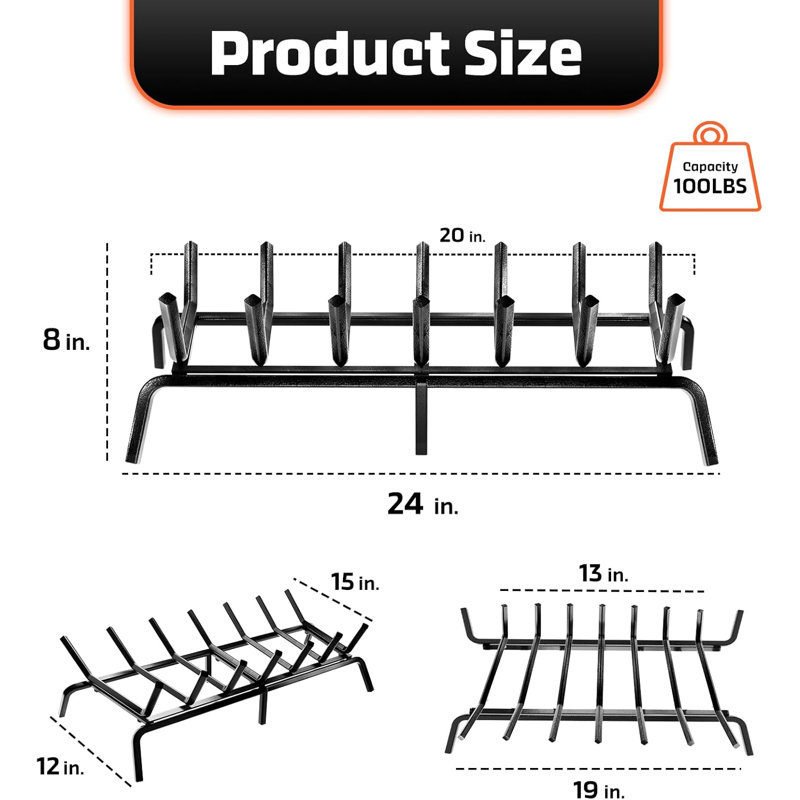 Rectangular Grate Log Grate Semi Assemble, 8" H x 15" W x 24" D