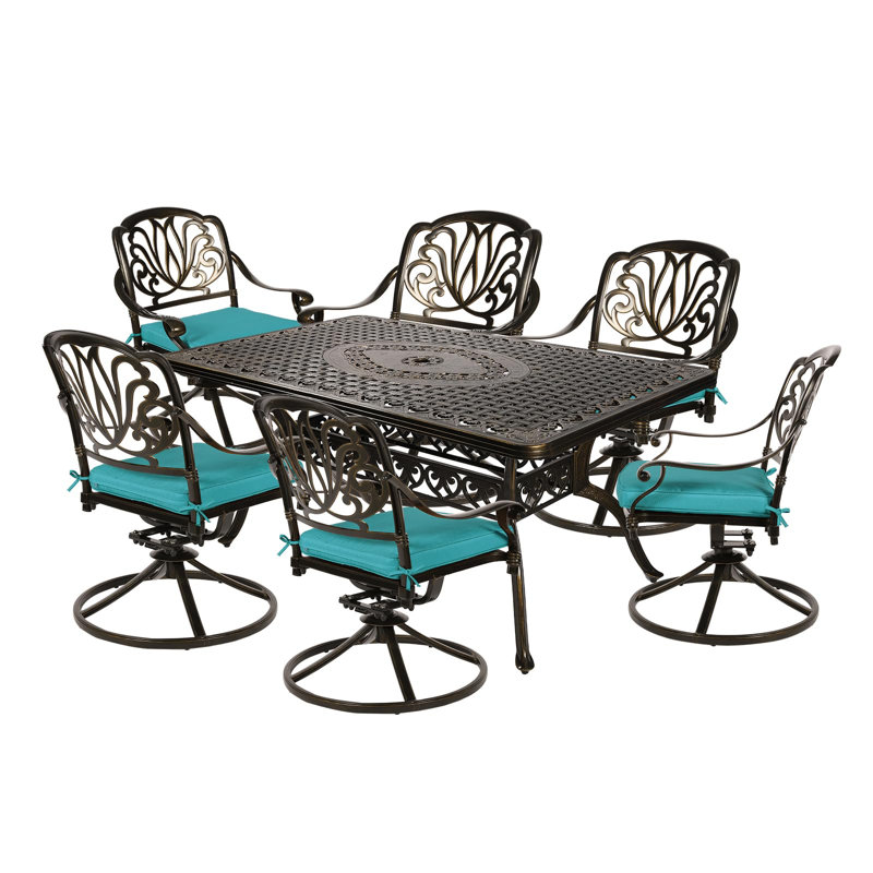 6 - Person Patio Dining Set with Rectangular Table , Cushions Included, Ocean Blue