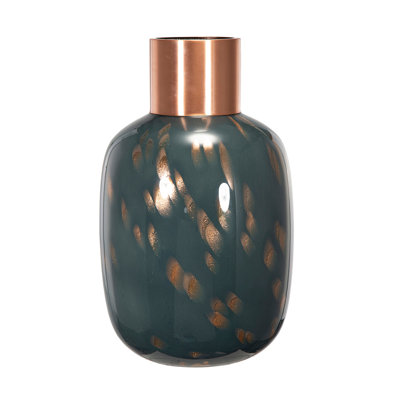 Celina Round Vase, Copper Fleck Details, Iron Neck Blue Glass, 17 Inch
