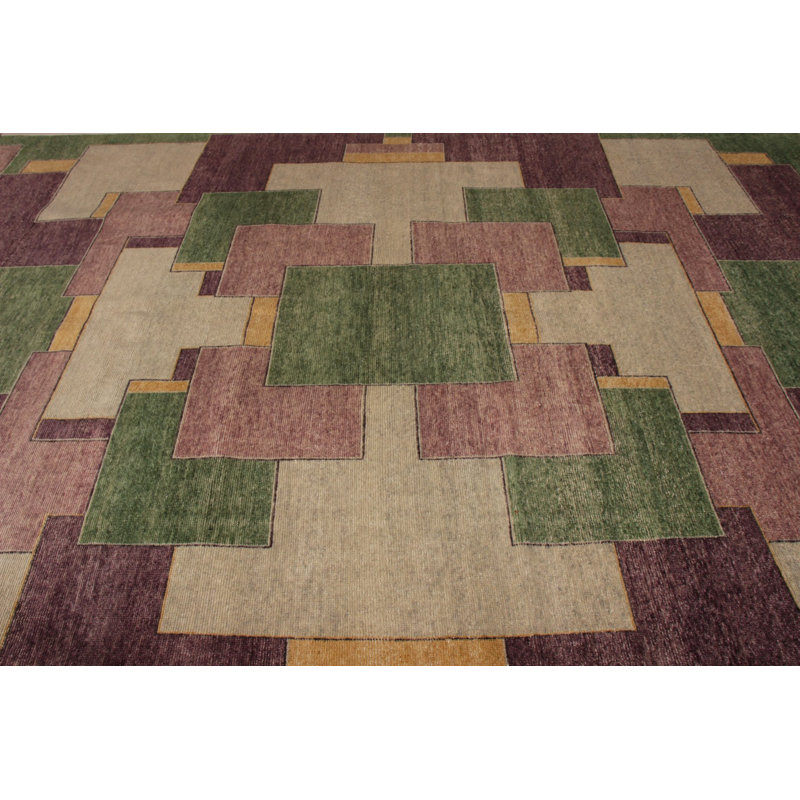 Hand-Knotted Classic Geometric Rug Purple Green Pattern By Rug & Kilim, Rectangle 10' x 14'