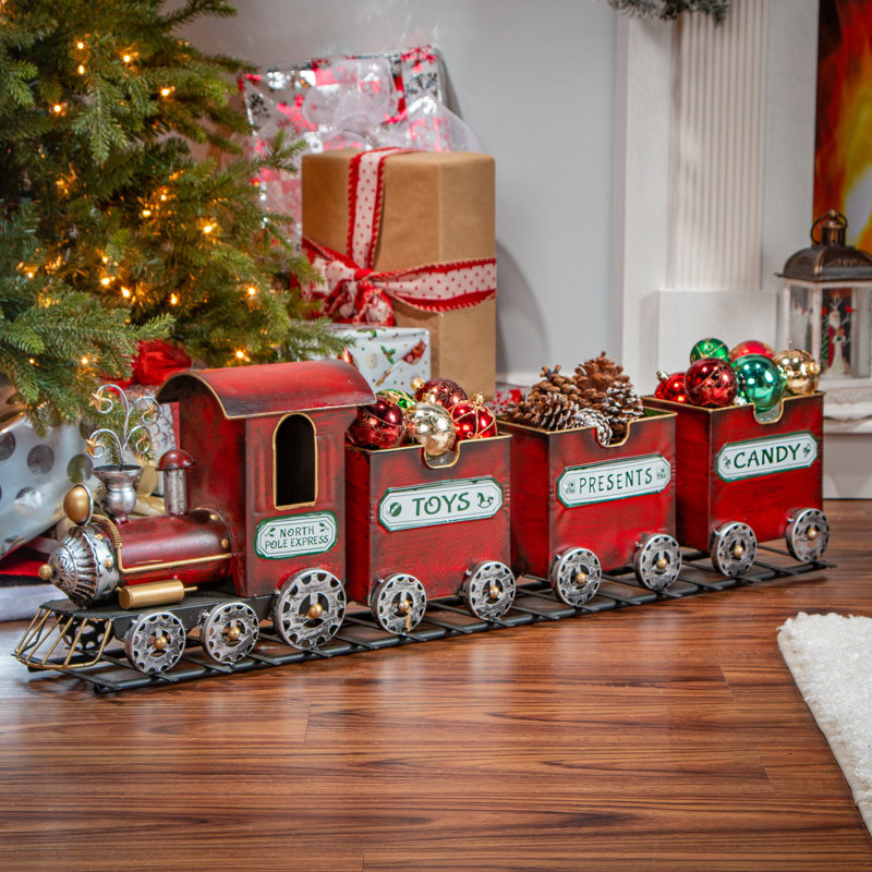 Red Metal Holiday Train on Tracks with 3 Empty Cars